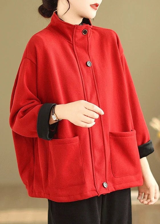 Long women's mac coats in a lightweight fabric for spring showersRed Button Loose Warm Fleece Coat Stand Collar Long Sleeve Long women's mac coats in a lightweight fabric for spring showersRed Button Loose Warm Fleece Coat Stand Collar Long Sleeve