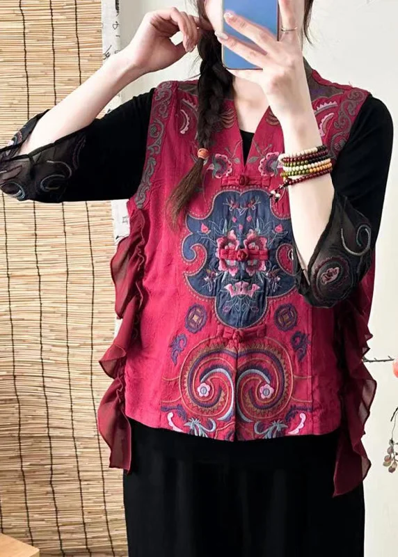 Women's pea coats with brass buttons for a nautical - inspired styleRed Button Patchwork Silk Waistcoat Embroideried Sleeveless Women's pea coats with brass buttons for a nautical - inspired styleRed Button Patchwork Silk Waistcoat Embroideried Sleeveless