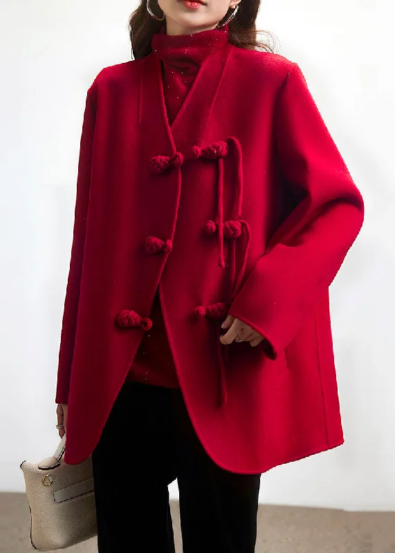 Checkered women's wool coats in a classic pattern for a timeless styleRed Button Patchwork Wool Coat V Neck Long Sleeve Checkered women's wool coats in a classic pattern for a timeless styleRed Button Patchwork Wool Coat V Neck Long Sleeve