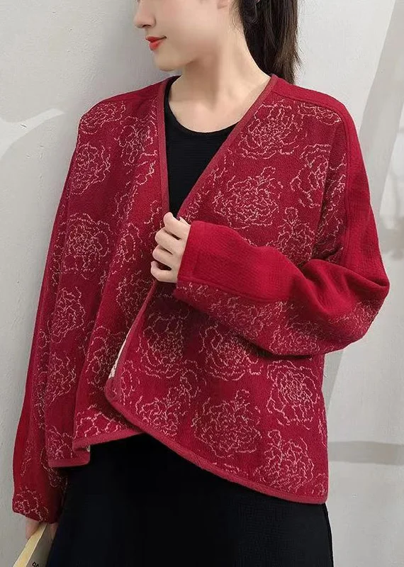 Shearling - lined women's leather coats for ultimate warmth and luxuryRed Button Patchwork Woolen Coats V Neck Long Sleeve Shearling - lined women's leather coats for ultimate warmth and luxuryRed Button Patchwork Woolen Coats V Neck Long Sleeve