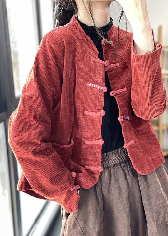 Women's knee - length wool blend coats with a fur collar for added warmthRed Button Thick Corduroy Coat Long Sleeve Women's knee - length wool blend coats with a fur collar for added warmthRed Button Thick Corduroy Coat Long Sleeve