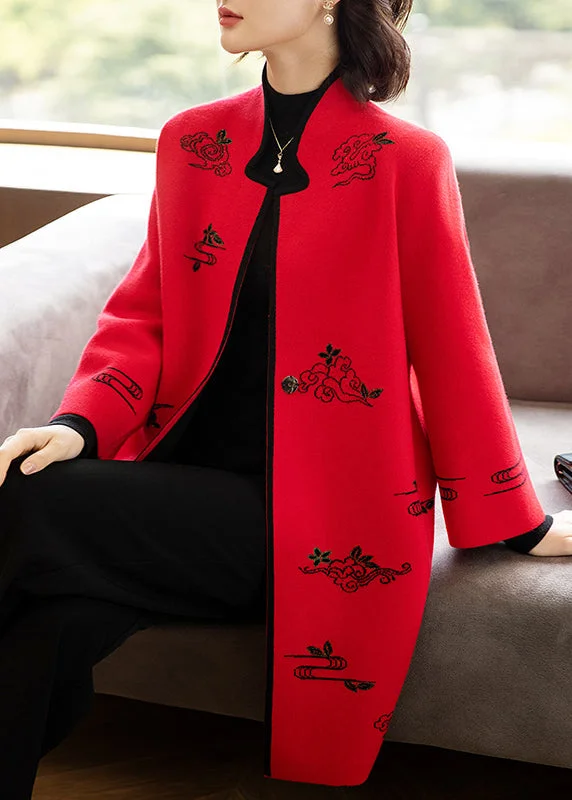 Embroidered women's cotton coats in a bohemian pattern for a unique designRed Embroideried Stand Collar Patchwork Wool Coats Stand Collar Long Sleeve Embroidered women's cotton coats in a bohemian pattern for a unique designRed Embroideried Stand Collar Patchwork Wool Coats Stand Collar Long Sleeve
