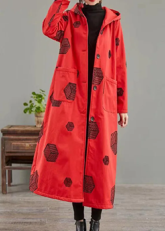 Water - resistant women's trench coats with adjustable cuffs for rainy daysRed Pockets Print Patchwork Warm Fleece Hoodie Coat Winter Water - resistant women's trench coats with adjustable cuffs for rainy daysRed Pockets Print Patchwork Warm Fleece Hoodie Coat Winter