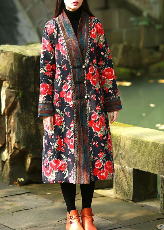 Quilted down women's coats with removable hoods for outdoor activitiesRed Print Fine Cotton Filled Long Coats V Neck Oriental Button Winter Quilted down women's coats with removable hoods for outdoor activitiesRed Print Fine Cotton Filled Long Coats V Neck Oriental Button Winter