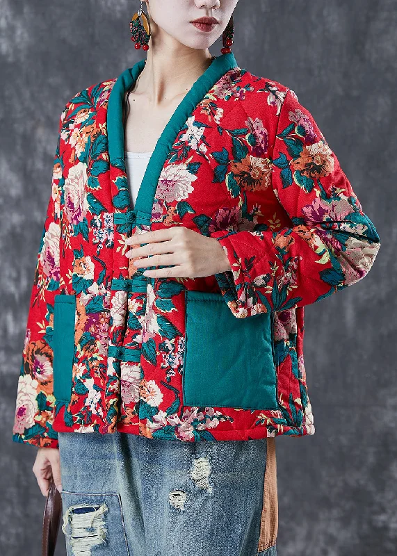 Women's knee - length wool blend coats with a fur collar for added warmthRed Print Patchwork Fine Cotton Filled Jacket Pockets In Winter Women's knee - length wool blend coats with a fur collar for added warmthRed Print Patchwork Fine Cotton Filled Jacket Pockets In Winter