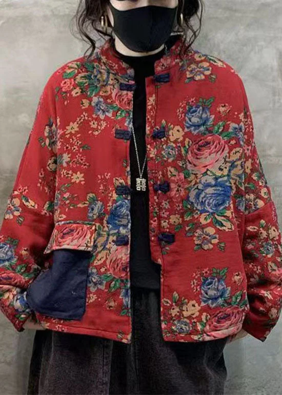 Mid - length women's down coats in a slim fit for a modern and sleek appearanceRed Print Thick Fine Cotton Filled Coats Stand Collar Oriental Button Winter Mid - length women's down coats in a slim fit for a modern and sleek appearanceRed Print Thick Fine Cotton Filled Coats Stand Collar Oriental Button Winter
