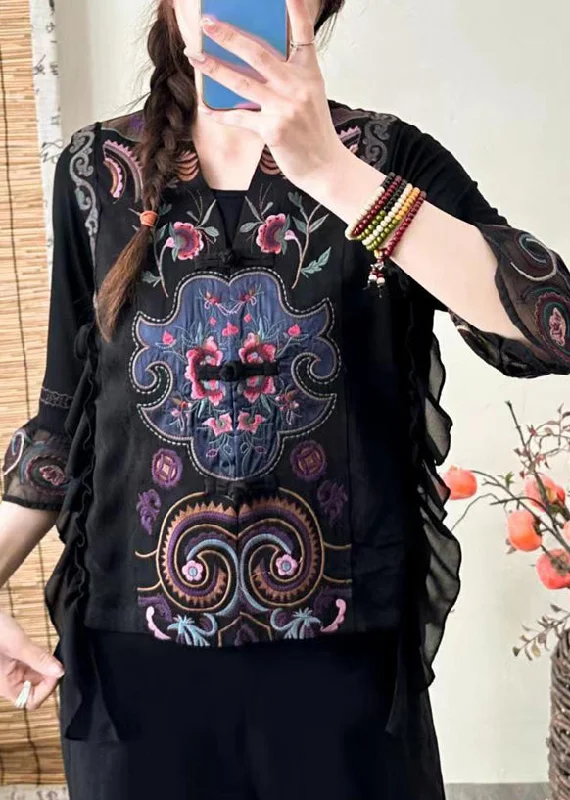 Oversized women's wool coats in a monochromatic look for a trendy outfitRetro Black V Neck Embroideried Ruffled Silk Waistcoat Sleeveless Oversized women's wool coats in a monochromatic look for a trendy outfitRetro Black V Neck Embroideried Ruffled Silk Waistcoat Sleeveless