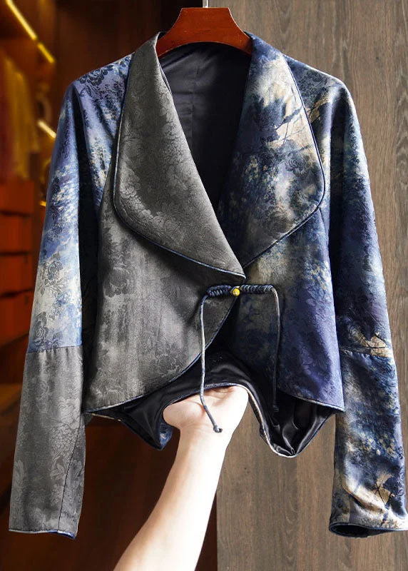 Women's longline double - breasted camel coats for a sophisticated lookRetro Blue Notched Tassel Button Silk Coat Fall Women's longline double - breasted camel coats for a sophisticated lookRetro Blue Notched Tassel Button Silk Coat Fall
