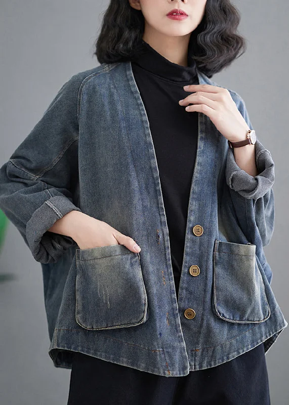 Mid - length women's down coats in a slim fit for a modern and sleek appearanceRetro Blue V Neck Patchwork Pockets Denim Coats Fall Mid - length women's down coats in a slim fit for a modern and sleek appearanceRetro Blue V Neck Patchwork Pockets Denim Coats Fall