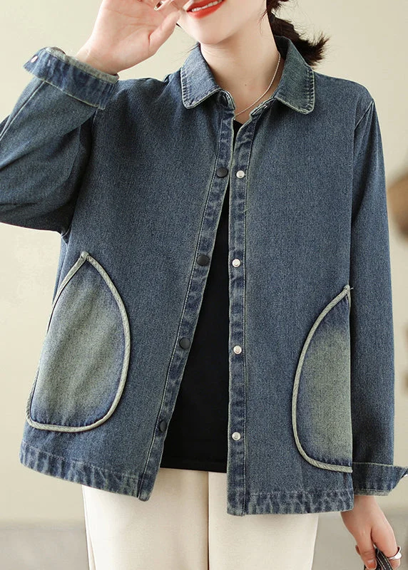 Quilted down women's coats with removable hoods for outdoor activitiesRetro Denim Blue Pockets Patchwork Coats Spring Quilted down women's coats with removable hoods for outdoor activitiesRetro Denim Blue Pockets Patchwork Coats Spring