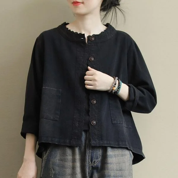 Women's pea coats with brass buttons for a nautical - inspired styleRetro Embroidery O-neck Pockets Single Breasted Long Sleeve Denim Coats Women's pea coats with brass buttons for a nautical - inspired styleRetro Embroidery O-neck Pockets Single Breasted Long Sleeve Denim Coats