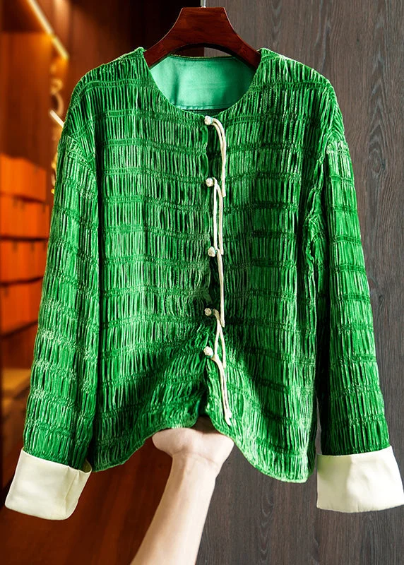 Women's long - sleeve wool coats in a houndstooth pattern for a classic charmRetro Green Tasseled Wrinkled Patchwork Silk Velour Coats Fall Women's long - sleeve wool coats in a houndstooth pattern for a classic charmRetro Green Tasseled Wrinkled Patchwork Silk Velour Coats Fall