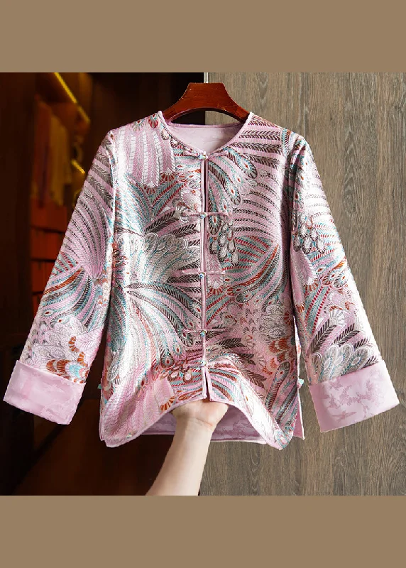 Mid - length women's down coats in a slim fit for a modern and sleek appearanceRetro Pink Embroideried Chinese Button Patchwork Silk Coats Fall Mid - length women's down coats in a slim fit for a modern and sleek appearanceRetro Pink Embroideried Chinese Button Patchwork Silk Coats Fall