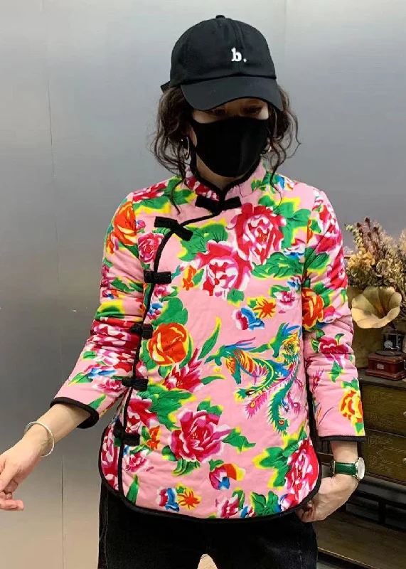 Mid - length women's down coats in a slim fit for a modern and sleek appearanceRetro Pink Stand Collar Print Fine Cotton Filled Coats Winter Mid - length women's down coats in a slim fit for a modern and sleek appearanceRetro Pink Stand Collar Print Fine Cotton Filled Coats Winter