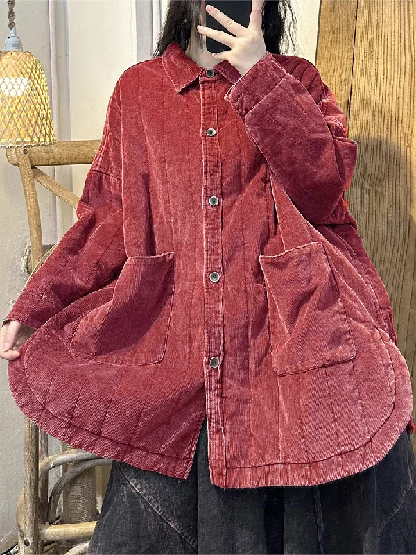 Women's pea coats with brass buttons for a nautical - inspired styleRetro Red Colorblock Corduroy Shirt Pocket Coat Women's pea coats with brass buttons for a nautical - inspired styleRetro Red Colorblock Corduroy Shirt Pocket Coat