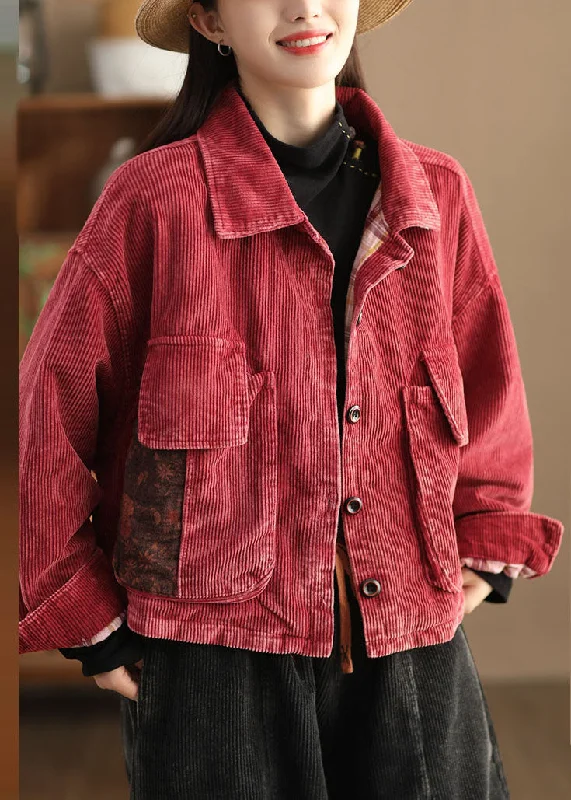 Long women's mac coats in a lightweight fabric for spring showersRetro Red Peter Pan Collar Pockets Patchwork Button Corduroy Coat Long Sleeve