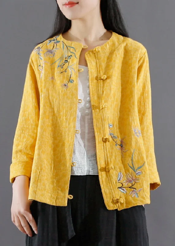 Shearling - lined women's leather coats for ultimate warmth and luxuryRetro Yellow O Neck Embroideried Cotton Short Coat Spring Shearling - lined women's leather coats for ultimate warmth and luxuryRetro Yellow O Neck Embroideried Cotton Short Coat Spring