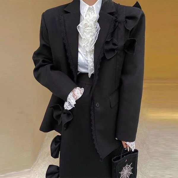 Women's pea coats with brass buttons for a nautical - inspired styleRuffle Blazer Fashion New Women Small Fresh Full Sleeve 2020 Winter Single Breast Loose Bow Black Blazer Coat Women's pea coats with brass buttons for a nautical - inspired styleRuffle Blazer Fashion New Women Small Fresh Full Sleeve 2020 Winter Single Breast Loose Bow Black Blazer Coat
