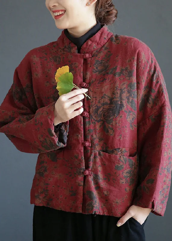 Quilted down women's coats with removable hoods for outdoor activitiesRust Red Print Cotton Filled Coats Mandarin Collar Pockets Winter Quilted down women's coats with removable hoods for outdoor activitiesRust Red Print Cotton Filled Coats Mandarin Collar Pockets Winter