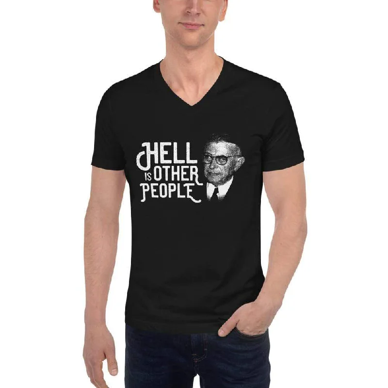 Long Sleeve Women T Shirt for Cooler WeatherSartre Portrait - Hell is other people - Unisex V-Neck T-Shirt Long Sleeve Women T Shirt for Cooler WeatherSartre Portrait - Hell is other people - Unisex V-Neck T-Shirt