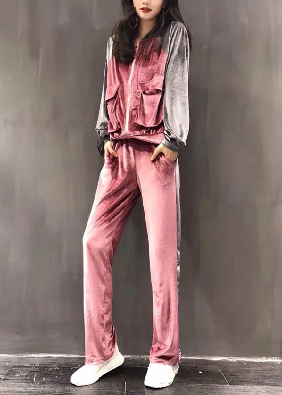 Water - resistant women's trench coats with adjustable cuffs for rainy daysSexy Pink Zippered Silk Velour Coats And Wide Leg Pants Two Pieces Set Long Sleeve Water - resistant women's trench coats with adjustable cuffs for rainy daysSexy Pink Zippered Silk Velour Coats And Wide Leg Pants Two Pieces Set Long Sleeve