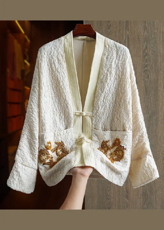 Plus size women's wool blend coats for a warm and stylish winterSimple Apricot V Neck Jacquard Nail Bead Patchwork Silk Coat Fall Plus size women's wool blend coats for a warm and stylish winterSimple Apricot V Neck Jacquard Nail Bead Patchwork Silk Coat Fall