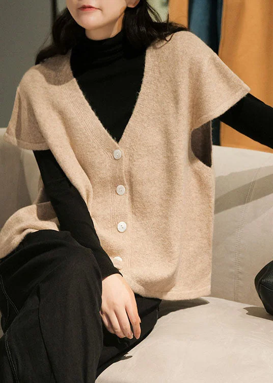 Water - resistant women's trench coats with adjustable cuffs for rainy daysSimple Beige V Neck Button Wool Knitted Waistcoat Short Sleeve Water - resistant women's trench coats with adjustable cuffs for rainy daysSimple Beige V Neck Button Wool Knitted Waistcoat Short Sleeve