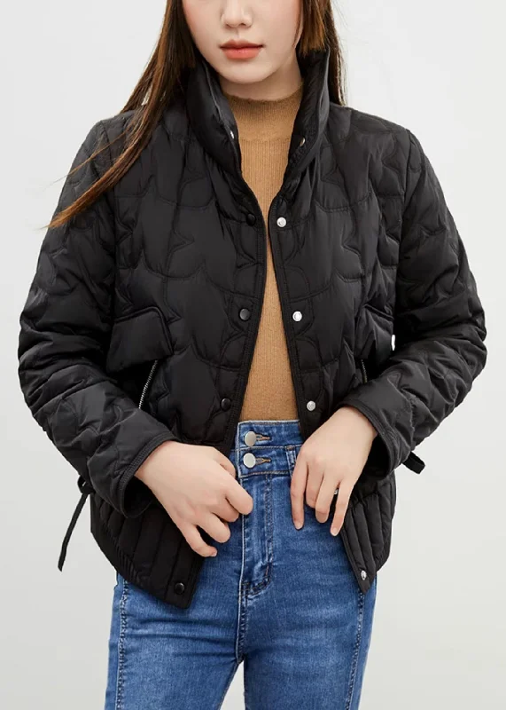 Women's knee - length wool blend coats with a fur collar for added warmthSimple Black Stand Collar Button Patchwork Thin Duck Down Coat Winter Women's knee - length wool blend coats with a fur collar for added warmthSimple Black Stand Collar Button Patchwork Thin Duck Down Coat Winter