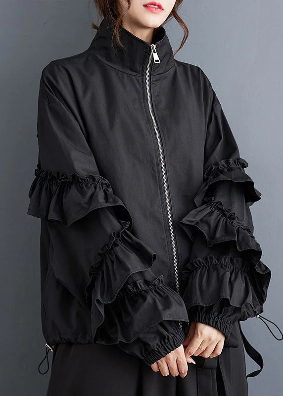 Water - resistant women's trench coats with adjustable cuffs for rainy daysSimple Black Stand Collar Ruffled Patchwork Drawstring Zippered Coats Fall Water - resistant women's trench coats with adjustable cuffs for rainy daysSimple Black Stand Collar Ruffled Patchwork Drawstring Zippered Coats Fall