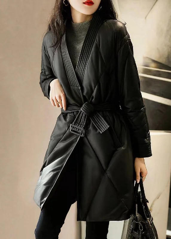 Women's faux fur coats in bright colors for a bold fashion statementSimple Black V Neck Tie Waist Patchwork Sheepskin Duck Down Coat Winter Women's faux fur coats in bright colors for a bold fashion statementSimple Black V Neck Tie Waist Patchwork Sheepskin Duck Down Coat Winter