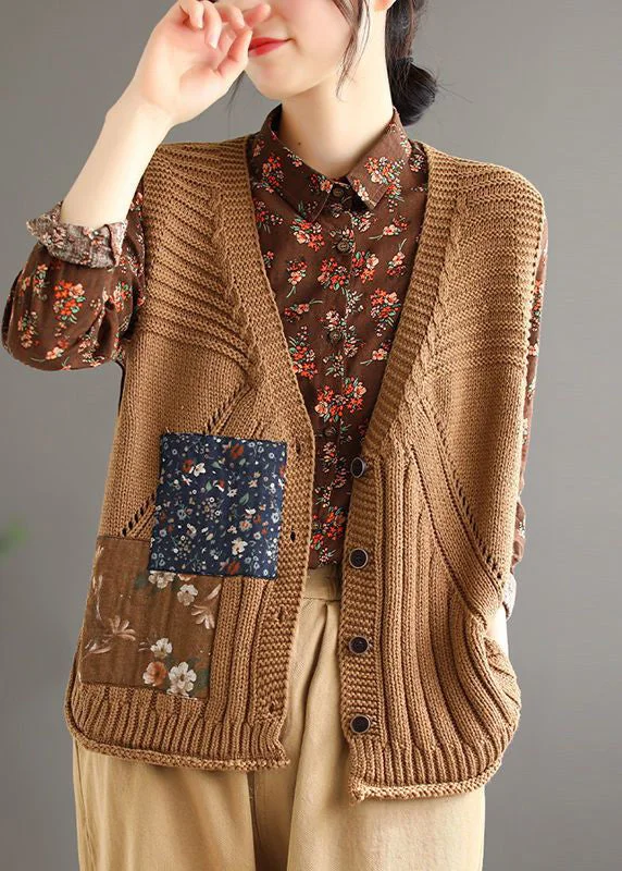 Women's reversible down coats with two - tone designs for versatile stylingSimple Brown V Neck Button Hollow Out Cotton Knit Waistcoat Sleeveless