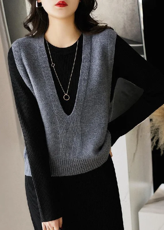 Women's pea coats with brass buttons for a nautical - inspired styleSimple Dark Gray V Neck Patchwork Knit Waistcoat Sleeveless Women's pea coats with brass buttons for a nautical - inspired styleSimple Dark Gray V Neck Patchwork Knit Waistcoat Sleeveless