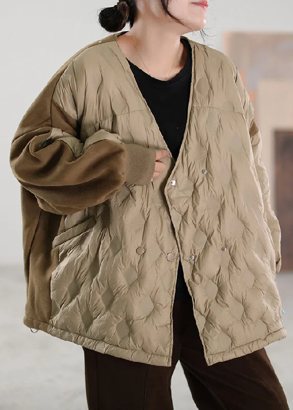 Women's cropped leather coats with silver studs for an edgy lookSimple Khaki V Neck Patchwork Duck Down down coat Winter Women's cropped leather coats with silver studs for an edgy lookSimple Khaki V Neck Patchwork Duck Down down coat Winter
