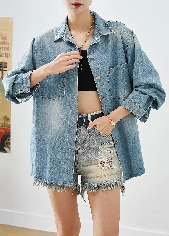 Women's waterproof parka coats with multiple pockets for practicalitySimple Light Blue Oversized Pockets Denim Shirt Coats Fall Women's waterproof parka coats with multiple pockets for practicalitySimple Light Blue Oversized Pockets Denim Shirt Coats Fall