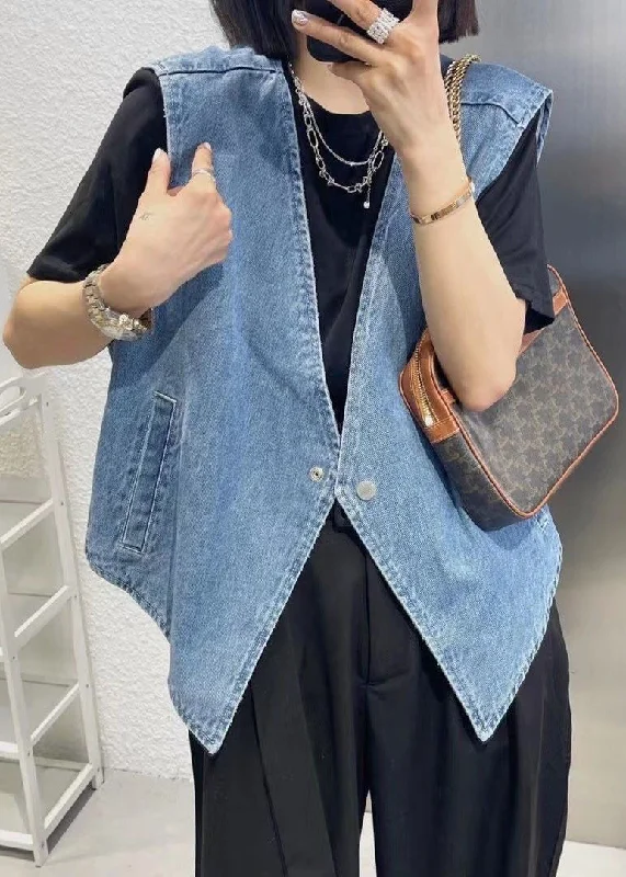 Women's reversible down coats with two - tone designs for versatile stylingSimple Light Blue V Neck Patchwork Button Waistcoat Fall Women's reversible down coats with two - tone designs for versatile stylingSimple Light Blue V Neck Patchwork Button Waistcoat Fall