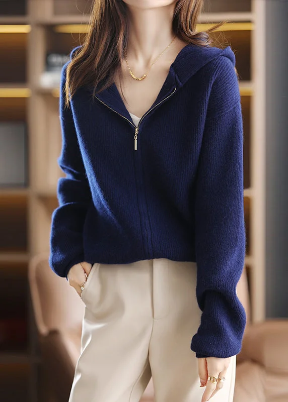 Women's knee - length wool blend coats with a fur collar for added warmthSimple Navy Zip Up Patchwork Hooded Woolen Knit Coats Fall Women's knee - length wool blend coats with a fur collar for added warmthSimple Navy Zip Up Patchwork Hooded Woolen Knit Coats Fall