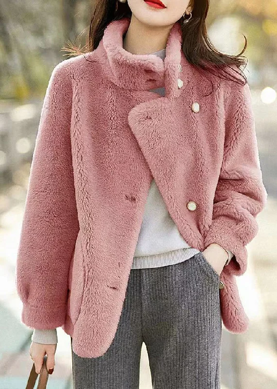 Hooded women's puffer coats in neon colors for high - visibility sportsSimple Pink Stand Collar Pockets Patchwork Woolen Jackets Winter Hooded women's puffer coats in neon colors for high - visibility sportsSimple Pink Stand Collar Pockets Patchwork Woolen Jackets Winter