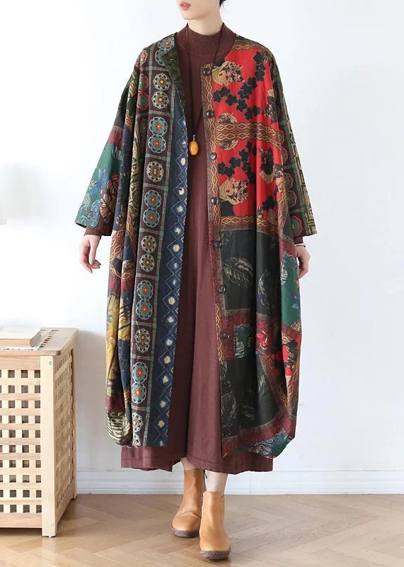 Women's reversible down coats with two - tone designs for versatile stylingSimple Print O-Neck Button Coat Spring