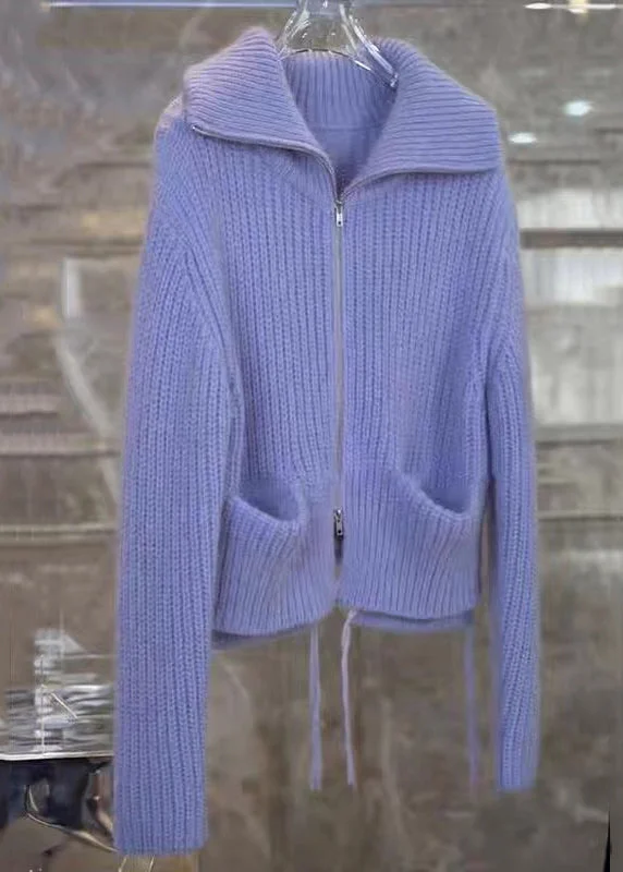 Belted women's cashmere coats in soft pastels for a luxurious feelSimple Purple Zip Up Pockets Patchwork Knit Coats Fall Belted women's cashmere coats in soft pastels for a luxurious feelSimple Purple Zip Up Pockets Patchwork Knit Coats Fall