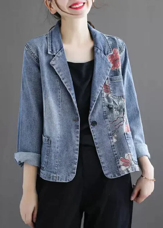 Plus size women's wool blend coats for a warm and stylish winterSlim Fit Light Blue Notched Collar Pockets Print Denim Coat Spring Plus size women's wool blend coats for a warm and stylish winterSlim Fit Light Blue Notched Collar Pockets Print Denim Coat Spring