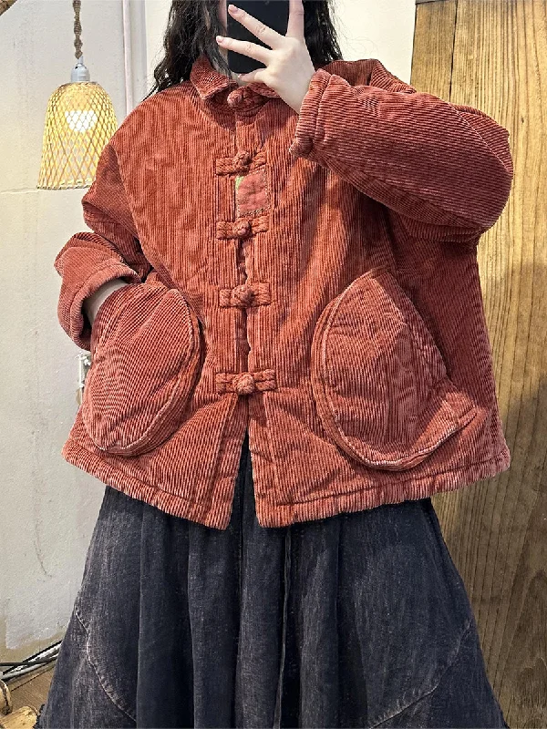 Women's faux fur coats in bright colors for a bold fashion statementSolid Color Corduroy Buckle Vintage Cotton Coat Women's faux fur coats in bright colors for a bold fashion statementSolid Color Corduroy Buckle Vintage Cotton Coat