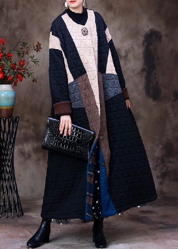 Women's reversible down coats with two - tone designs for versatile stylingStyle Apricot Black Colour Patchwork O-Neck Cotton Thick Long Coat Long Sleeve