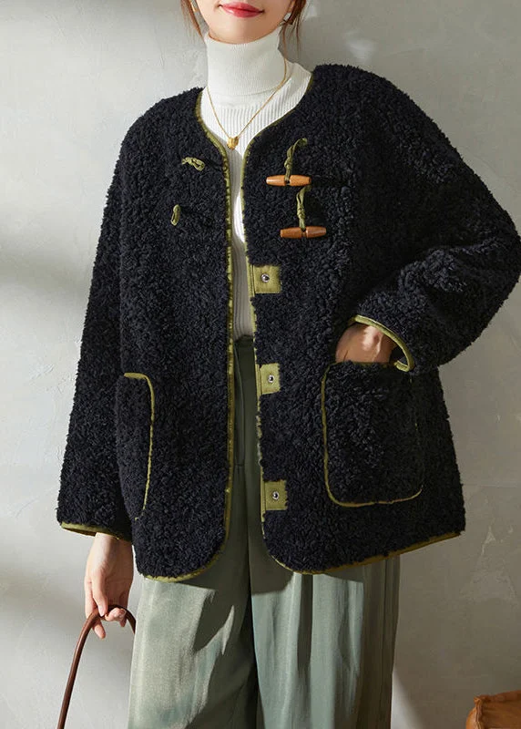 Women's long - sleeve wool coats in a houndstooth pattern for a classic charmStyle Black Horn Button Pockets Fleece Jacket Winter Women's long - sleeve wool coats in a houndstooth pattern for a classic charmStyle Black Horn Button Pockets Fleece Jacket Winter