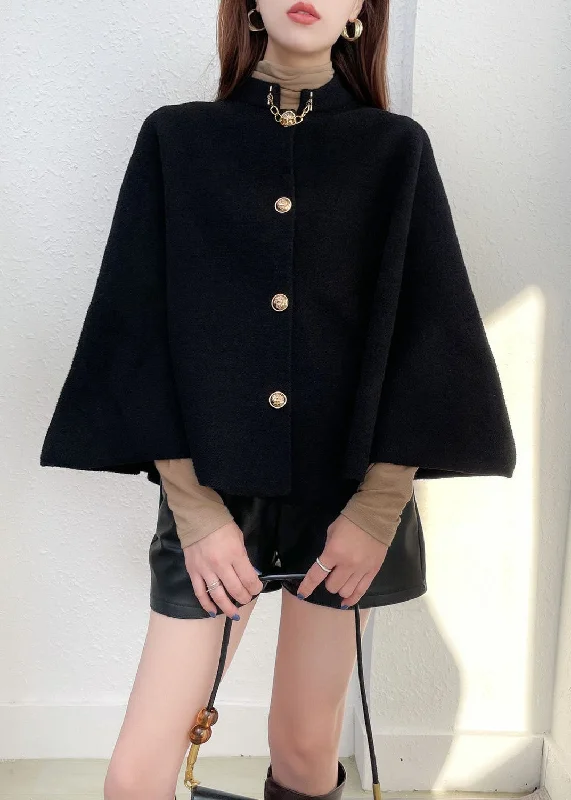 Women's pea coats with brass buttons for a nautical - inspired styleStyle Black Stand Collar Button Warm Woolen Cloak Coats Fall Women's pea coats with brass buttons for a nautical - inspired styleStyle Black Stand Collar Button Warm Woolen Cloak Coats Fall