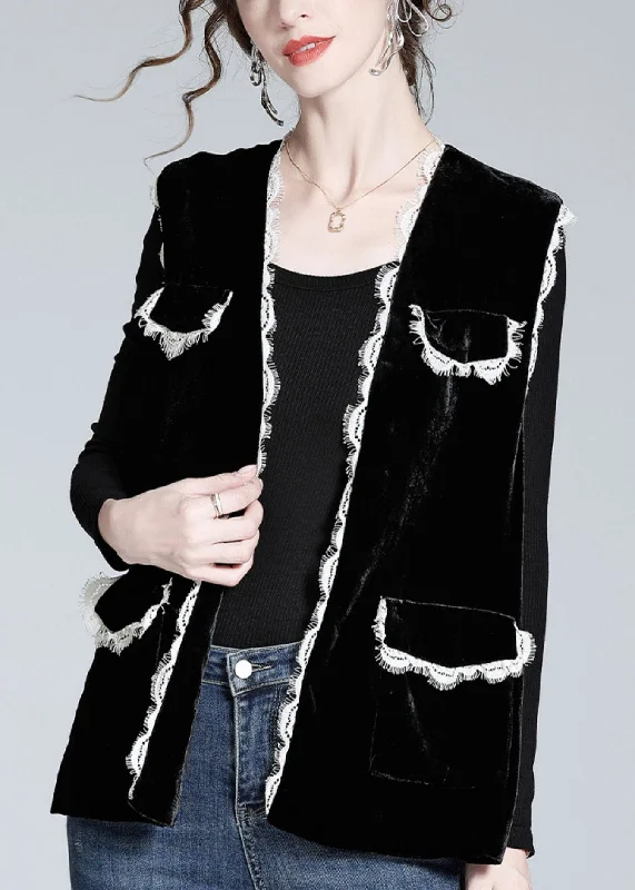 Women's longline double - breasted camel coats for a sophisticated lookStyle Black V Neck Lace Patchwork Silk Velour Waistcoat Spring Women's longline double - breasted camel coats for a sophisticated lookStyle Black V Neck Lace Patchwork Silk Velour Waistcoat Spring