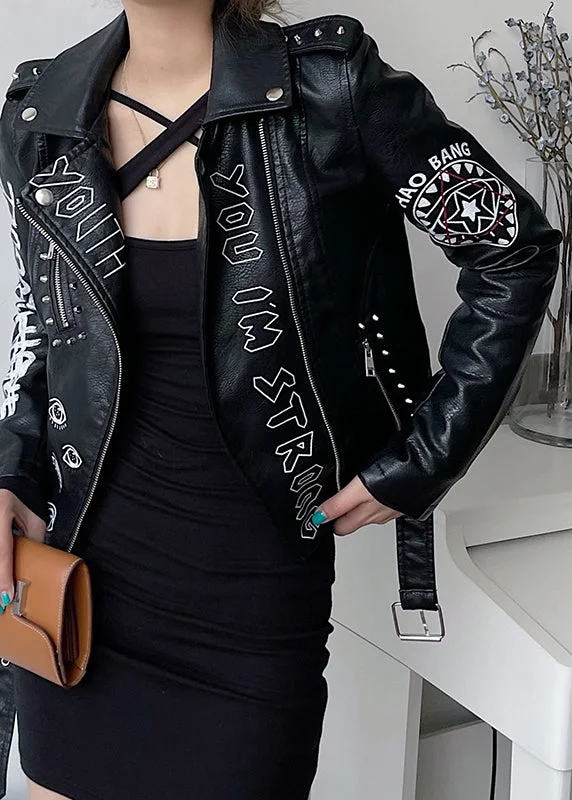 Mid - length women's down coats in a slim fit for a modern and sleek appearanceStyle Black Zip Up Graphic Rivet Patchwork Faux Leather Jacket Fall Mid - length women's down coats in a slim fit for a modern and sleek appearanceStyle Black Zip Up Graphic Rivet Patchwork Faux Leather Jacket Fall