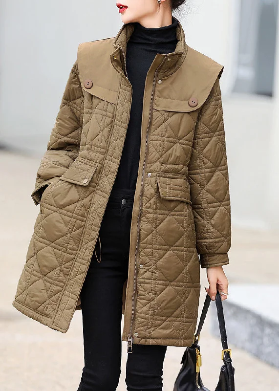 Women's pea coats with brass buttons for a nautical - inspired styleStyle Coffee Stand Collar Pockets Patchwork Fine Cotton Filled Winter Coat Women's pea coats with brass buttons for a nautical - inspired styleStyle Coffee Stand Collar Pockets Patchwork Fine Cotton Filled Winter Coat