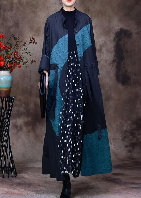 Long women's mac coats in a lightweight fabric for spring showersStyle Colorblock Stand Collar Pockets Patchwork Drawstring Spandex Coats Long Sleeve