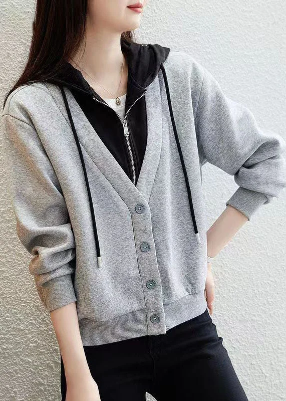Water - resistant women's trench coats with adjustable cuffs for rainy daysStyle Grey Button Patchwork False Two Pieces Cotton Hooded Coat Fall Water - resistant women's trench coats with adjustable cuffs for rainy daysStyle Grey Button Patchwork False Two Pieces Cotton Hooded Coat Fall