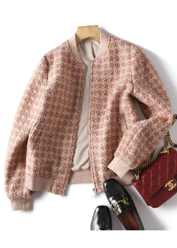 Women's reversible down coats with two - tone designs for versatile stylingStyle Pink Zip Up Plaid Woolen Coat Winter